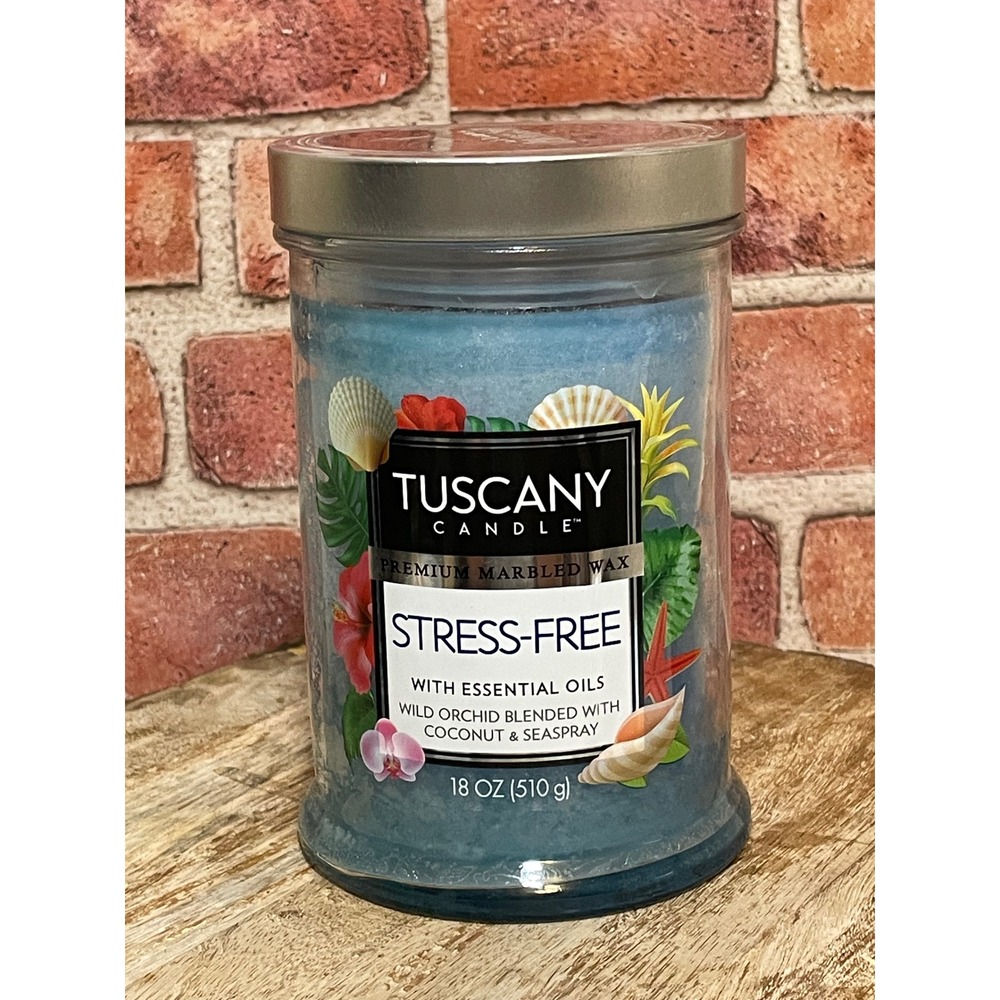 Tuscany Candle Stress-Free 18oz Marbled Wax Wild Orchid Coconut Seaspray 2-Wick